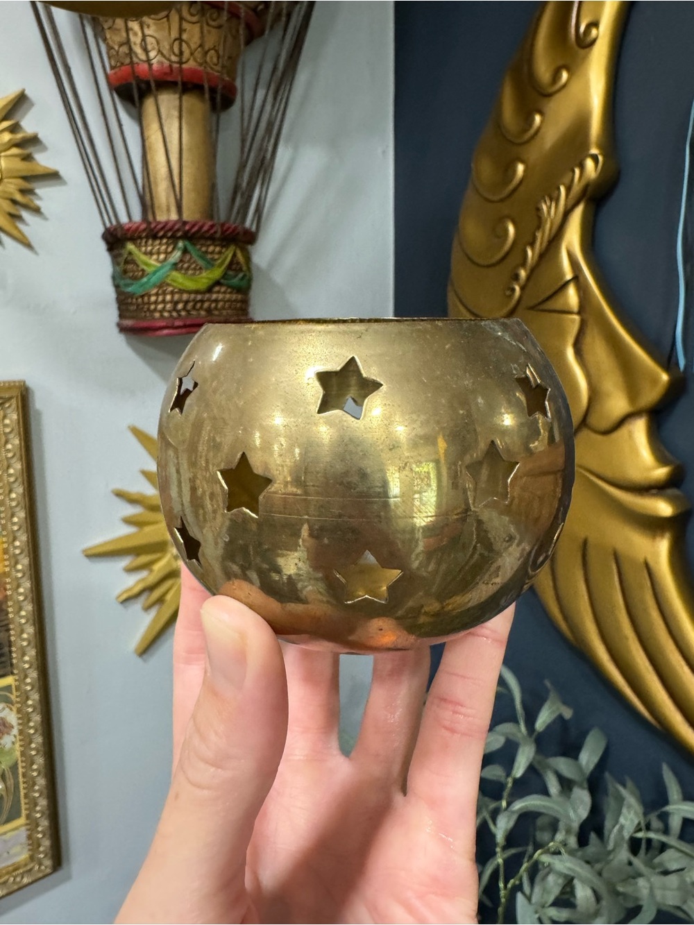 Vintage Celestial Brass Star Votive Candle Holder
